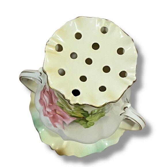 Vintage RS Prussia Hat Pin Holder Two Handles Pink Rose Green Gold Trim Red Star - Picture 6 of 9